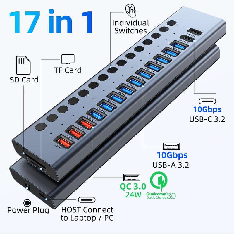 VANGREE Powered USB Hub 10Gbps, 17 Ports 96W USB 3.2 Hub(10 USB-A 3.2 Ports+3 QC 24W Fast Charging Ports+2 USB-C 3.2 Ports+SD/TF Card Reader), 12V/8A Power Adapter for Laptop, PC, Computer, HDD,Flash Drive - Image 2