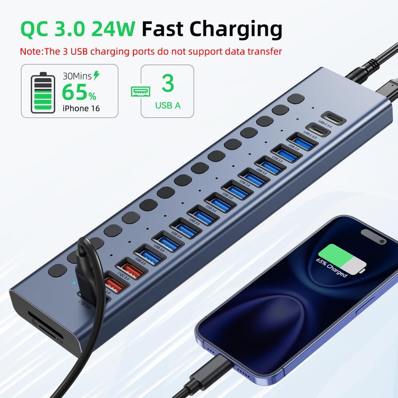 VANGREE Powered USB Hub 10Gbps, 17 Ports 96W USB 3.2 Hub(10 USB-A 3.2 Ports+3 QC 24W Fast Charging Ports+2 USB-C 3.2 Ports+SD/TF Card Reader), 12V/8A Power Adapter for Laptop, PC, Computer, HDD,Flash Drive - Image 4