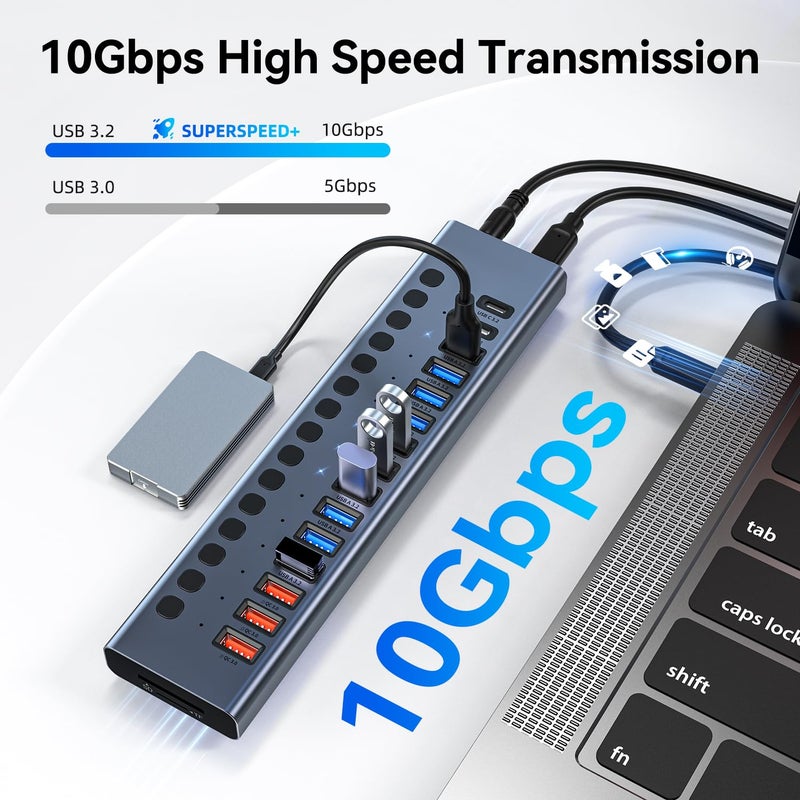 VANGREE Powered USB Hub 10Gbps, 17 Ports 96W USB 3.2 Hub(10 USB-A 3.2 Ports+3 QC 24W Fast Charging Ports+2 USB-C 3.2 Ports+SD/TF Card Reader), 12V/8A Power Adapter for Laptop, PC, Computer, HDD,Flash Drive - Image 3