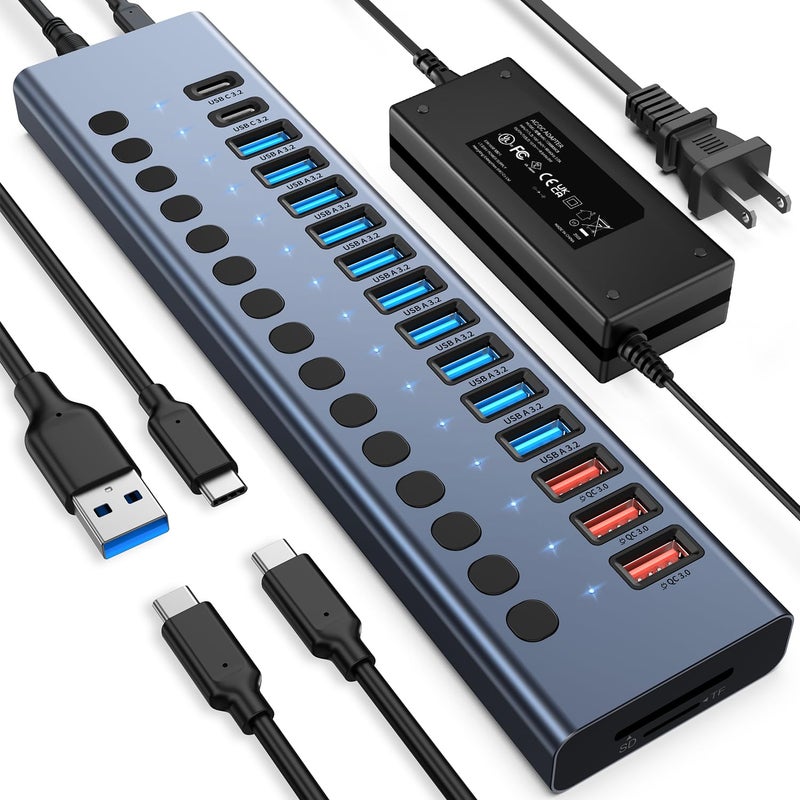 VANGREE Powered USB Hub 10Gbps, 17 Ports 96W USB 3.2 Hub(10 USB-A 3.2 Ports+3 QC 24W Fast Charging Ports+2 USB-C 3.2 Ports+SD/TF Card Reader), 12V/8A Power Adapter for Laptop, PC, Computer, HDD,Flash Drive - Image 1