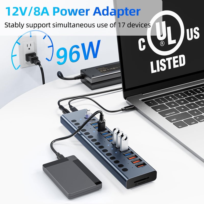 VANGREE Powered USB Hub 10Gbps, 17 Ports 96W USB 3.2 Hub(10 USB-A 3.2 Ports+3 QC 24W Fast Charging Ports+2 USB-C 3.2 Ports+SD/TF Card Reader), 12V/8A Power Adapter for Laptop, PC, Computer, HDD,Flash Drive - Image 5