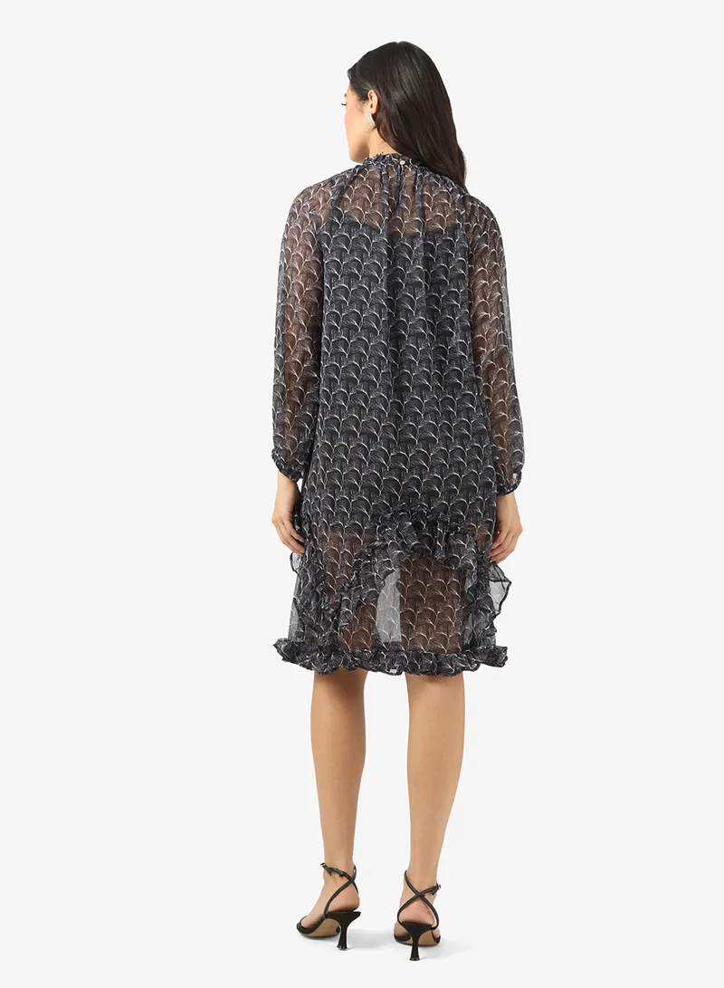 BCBG Printed Ruffle Neck midi DRESS