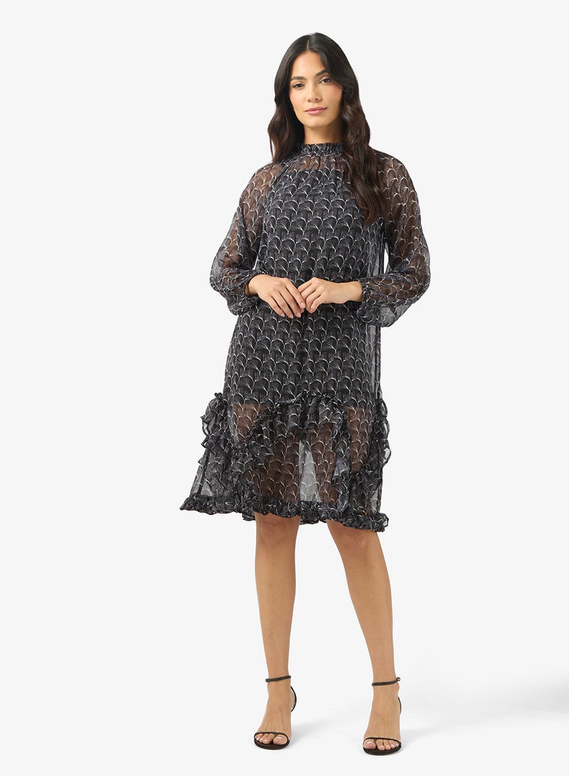 BCBG Printed Ruffle Neck midi DRESS - Image 1