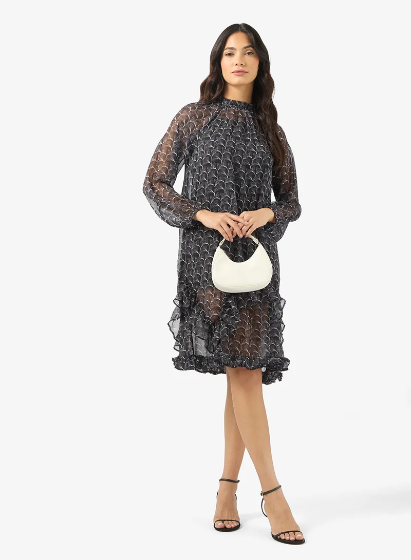 BCBG Printed Ruffle Neck midi DRESS