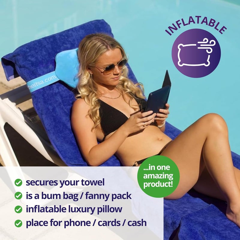Towel Trapper | Inflatable Travel Beach Pillow | Sunlounger Towel Strap | Portable Towel Gripper, Neck Support Blow Up Pillow (Pebble Grey) - Image 5