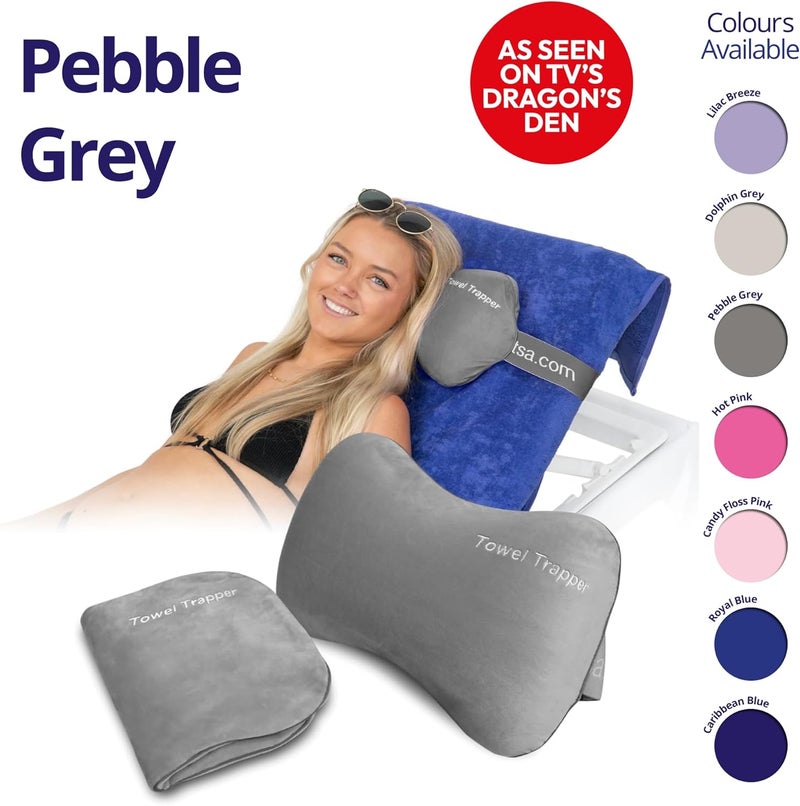 Towel Trapper | Inflatable Travel Beach Pillow | Sunlounger Towel Strap | Portable Towel Gripper, Neck Support Blow Up Pillow (Pebble Grey) - Image 2
