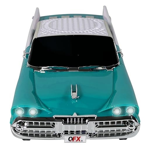 QFX Bluetooth 1959 Retro Classic Car Speaker, Dual 2-inch Speakers, Hands-Free Link, Built-in Microphone, FM Radio, and LED Party Lights, Emerald - BT-1959-EMR - Image 1