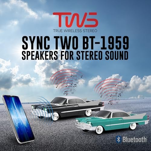 QFX Bluetooth 1959 Retro Classic Car Speaker, Dual 2-inch Speakers, Hands-Free Link, Built-in Microphone, FM Radio, and LED Party Lights, Emerald - BT-1959-EMR - Image 4