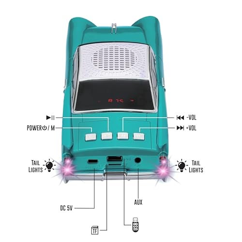 QFX Bluetooth 1959 Retro Classic Car Speaker, Dual 2-inch Speakers, Hands-Free Link, Built-in Microphone, FM Radio, and LED Party Lights, Emerald - BT-1959-EMR - Image 5
