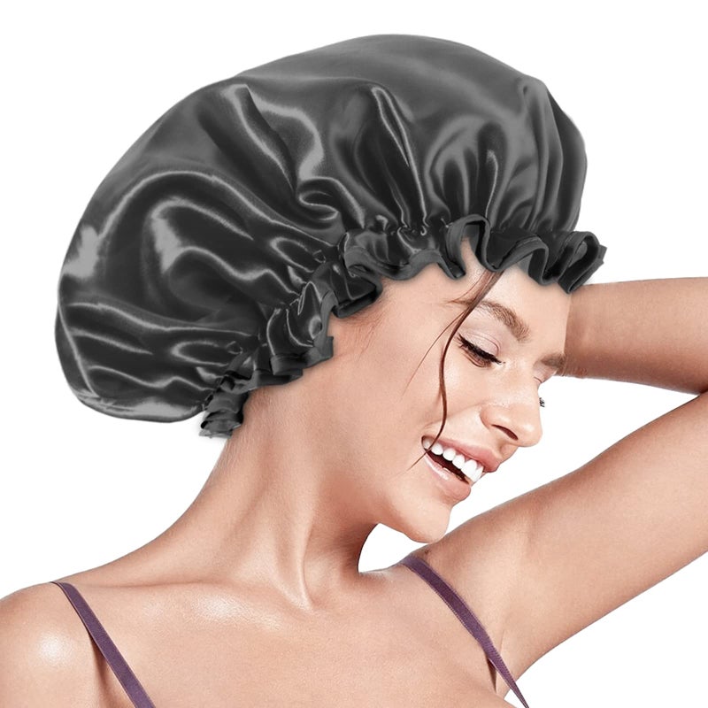 Aquior Shower Caps Reusable Shower Cap for Women Double Layer Waterproof Hair Cap Large Size for All Hair Lengthsfor Girls Spa Home Salon Use Black