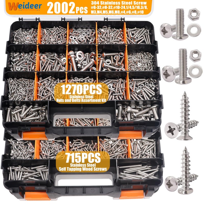 weideer 2002PCS Hardware Assortment Kit, 304 Stainless Steel Metric & SAE Screw Assortment Kit,#6-32,#8-32,#10-24,1/4,5/16,3/8,M3,M4,M5,M6,M8,#4,#6,#8,#10 Nuts Bolts Washers,Double Sided Organizer Box - Image 1