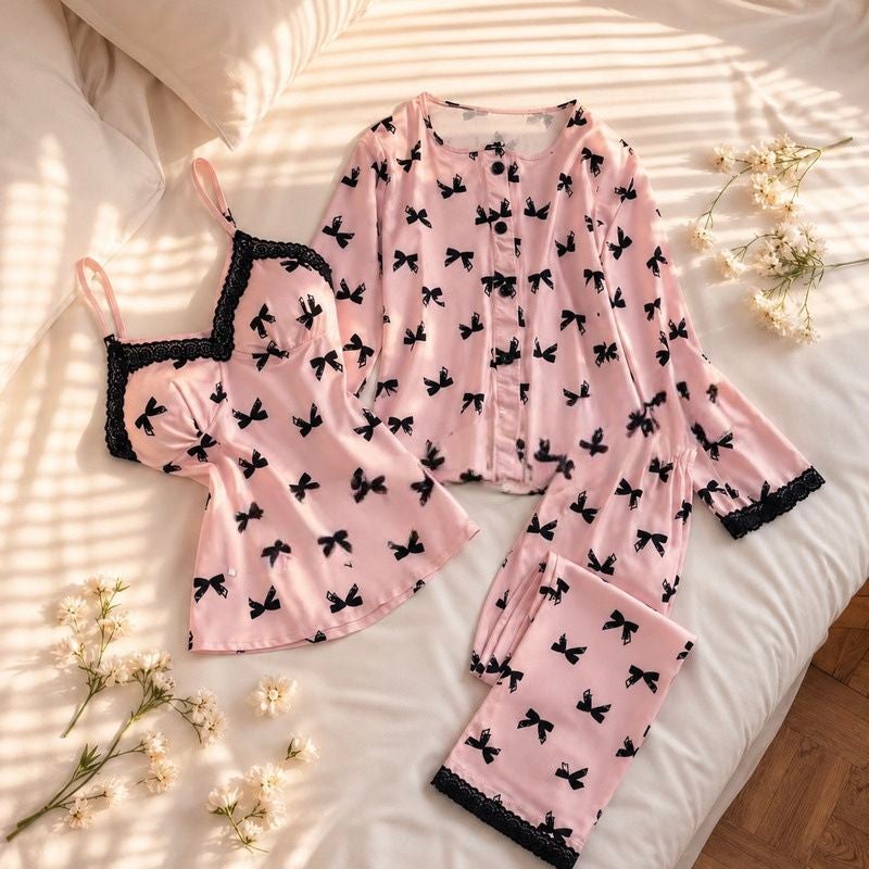 Milk Silk Women's Pajamas Pink Bow Spring/Autumn Printed Lace Camisole Cardigan Long Pants Three-Piece Set Cross-Border