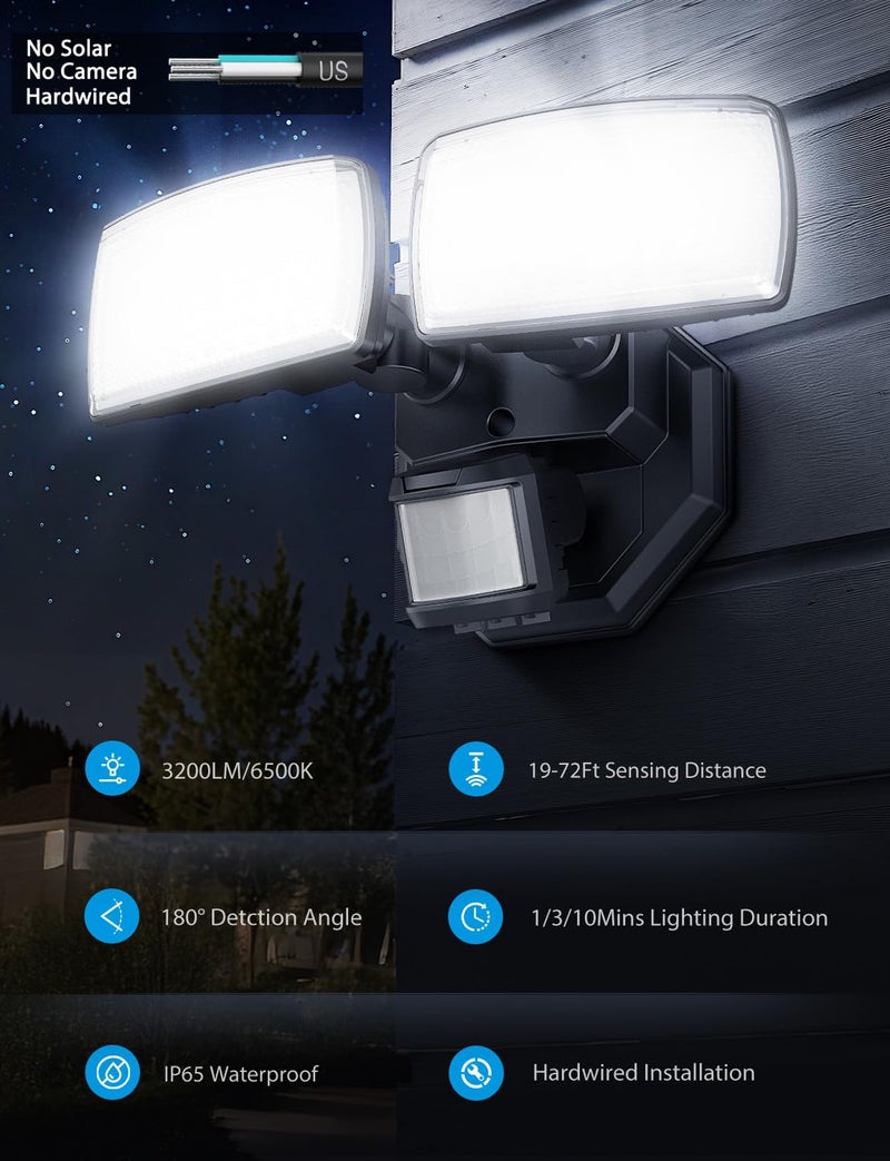 Onforu 32W 2 Head Motion Sensor Outdoor Lights, 3200LM 6500K LED Security Light Hardwired, Dusk to Dawn, Motion Detector Light for Outside, IP65 Waterproof Flood Lights for Garage, Yard(Black) - Image 3