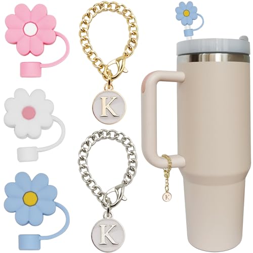 Altally 3PCS Straw Cover for Stanley Cup 30&40 Oz 10mm Flower Silicone Straw Topper Protector Lid with 2PCS Initial Personalized Letter Charm Stanley Tumblers Accessories (3pcs flowers+2pcs letter K) - Image 1