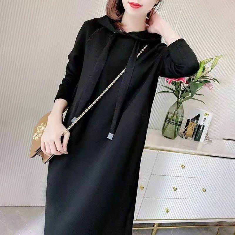 Autumn Womens Wear 2022 New Style Elegant Slimming Solid Color dress Loose Casual Long Sleeve Hooded Sweatshirt Dress Womens Fashion Black [high quality fabric]]