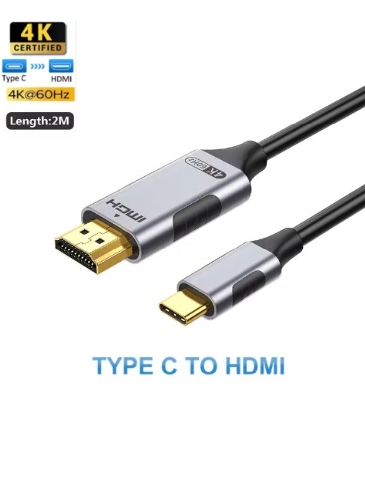 USB C to HDMI Cable 2M,USB 3.1 Type C Thunderbolt 3 to HDMI 4K 60Hz UHD Adapter Compatible iPhone 15 Series,iPad 10/Pro/Air/Mini,Samsung S23 Ultra/Galaxy Z,MacBook Pro,Dell XPS,Huawei P60 Pro ,Grey  - Image 1