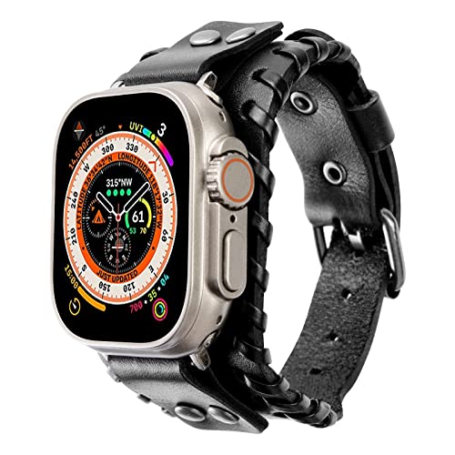KONAFEI Compatible with Apple Watch Band 49mm 46mm 45mm 44mm 42mm 41mm 40mm 38mm iWatch Ultra Series 10987SE654321 for Men Women Leather Handmade Cuff Bracelet Woven Vintage Strap Black - Image 1