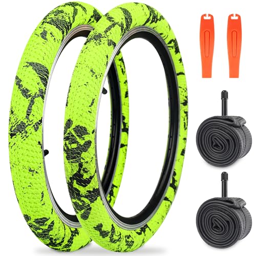 WEEROCK 20 Inch Bike Tire Kid Bike Tires (56-406) 2 Pack 20 x 2.1 Folding Bead Replacement Tyre with 20In Inner Tubes for 20" Bicycles, Child Bike, MTB, Mountain Bike, BMX, Green-Yellow Black - Image 1