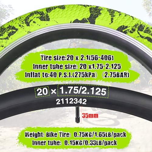 WEEROCK 20 Inch Bike Tire Kid Bike Tires (56-406) 2 Pack 20 x 2.1 Folding Bead Replacement Tyre with 20In Inner Tubes for 20" Bicycles, Child Bike, MTB, Mountain Bike, BMX, Green-Yellow Black - Image 5