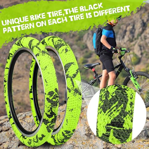 WEEROCK 20 Inch Bike Tire Kid Bike Tires (56-406) 2 Pack 20 x 2.1 Folding Bead Replacement Tyre with 20In Inner Tubes for 20" Bicycles, Child Bike, MTB, Mountain Bike, BMX, Green-Yellow Black - Image 3