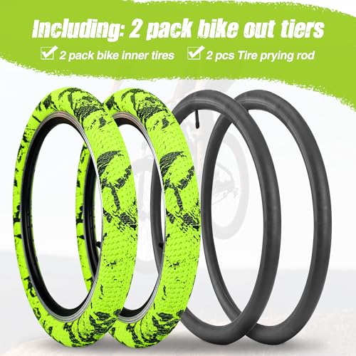 WEEROCK 20 Inch Bike Tire Kid Bike Tires (56-406) 2 Pack 20 x 2.1 Folding Bead Replacement Tyre with 20In Inner Tubes for 20" Bicycles, Child Bike, MTB, Mountain Bike, BMX, Green-Yellow Black - Image 2
