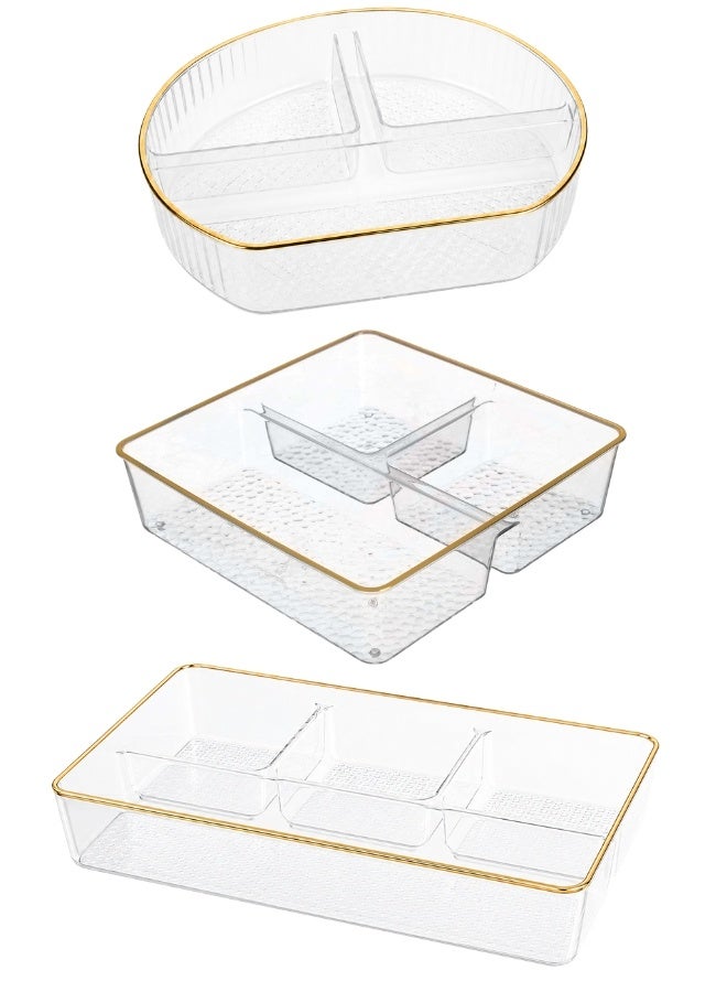 Premium Clear Acrylic Serving 3 Tray Set with Compartments for Fruits, Nuts & Snacks – Multi-Section Organizer with Elegant Gold Rim for Parties & Home Serving - Image 1