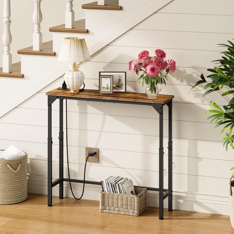 CHOEZON Narrow Console Table with Adjustable Height(21.1"-29.9"), Behind Couch Table, Entryway Table with Power Outlet, Narrow Sofa Table, for Entryway, Living Room, Rustic Brown and Black TXG10UBF - Image 2