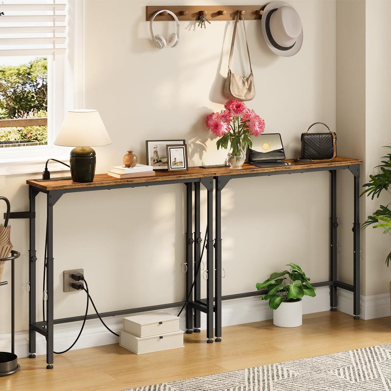 CHOEZON Narrow Console Table with Adjustable Height(21.1"-29.9"), Behind Couch Table, Entryway Table with Power Outlet, Narrow Sofa Table, for Entryway, Living Room, Rustic Brown and Black TXG10UBF - Image 4