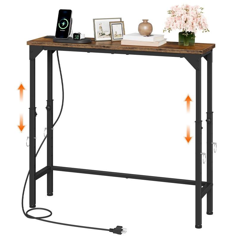 CHOEZON Narrow Console Table with Adjustable Height(21.1"-29.9"), Behind Couch Table, Entryway Table with Power Outlet, Narrow Sofa Table, for Entryway, Living Room, Rustic Brown and Black TXG10UBF - Image 1