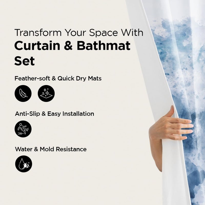 Umai UMAI Shower Curtain (180X180 cm) & Bathmat 3 Pcs Set|6ft|Creative Vibrant Coloured Polyster Curtain Sets with Non-Slip Bath mats for Bathroom|Easy-Slide Curtains|Quick Dry,Soft Mats  - Image 2