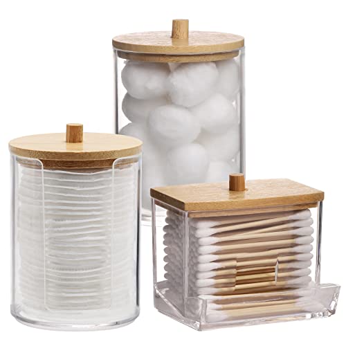 Tbestmax Tbestmax Bathroom Organizer Accessories Set10 OZ7 OZ Qtips Holder Storage with Brown Wood Lids Cotton BallSwabs Dispenser Apothecary Container Jar 3 Pcs 