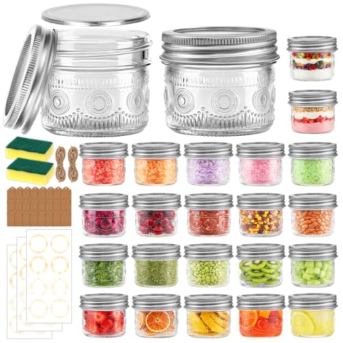 Alotpower 4 oz Glass Mason Jars with Embossed Pattern 24 Pack, Small Canning Jars with Airtight Lids, Mini Glass jars for Jams, Jelly, Honey, Spices,Desserts,Wedding Favors and Gift Packaging - Image 1
