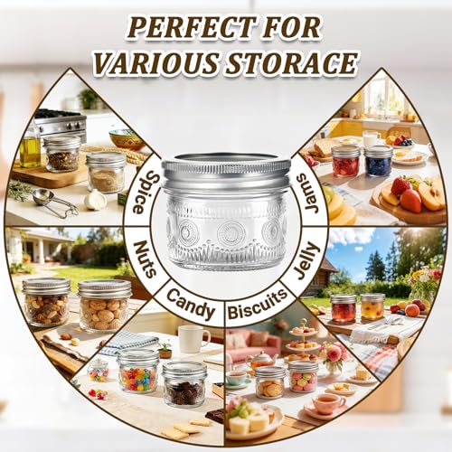 Alotpower 4 oz Glass Mason Jars with Embossed Pattern 24 Pack, Small Canning Jars with Airtight Lids, Mini Glass jars for Jams, Jelly, Honey, Spices,Desserts,Wedding Favors and Gift Packaging - Image 5