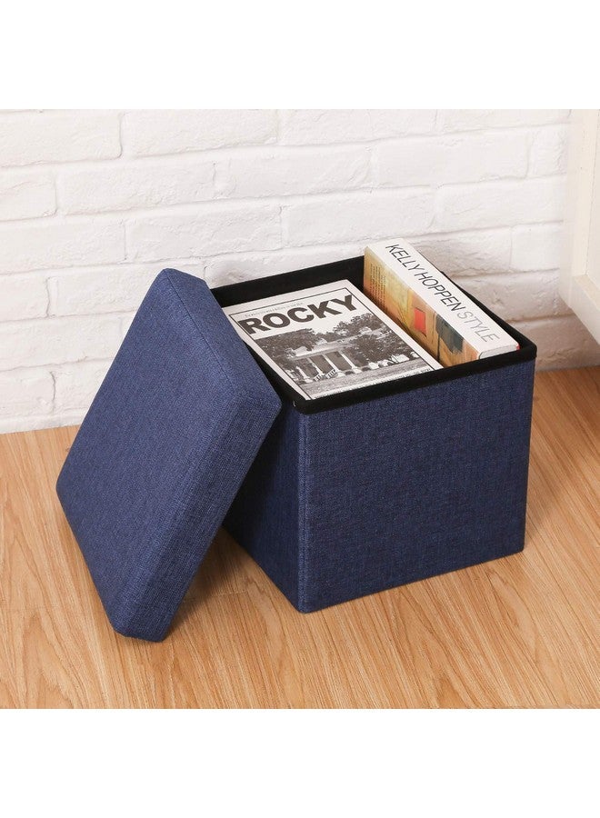 SKYFUN (LABEL) Linen Collapsible Folding Ottoman Footrest Sitting Cum Storage Cube Stool Bag Bedding Organizer (Navy Blue) - Image 1