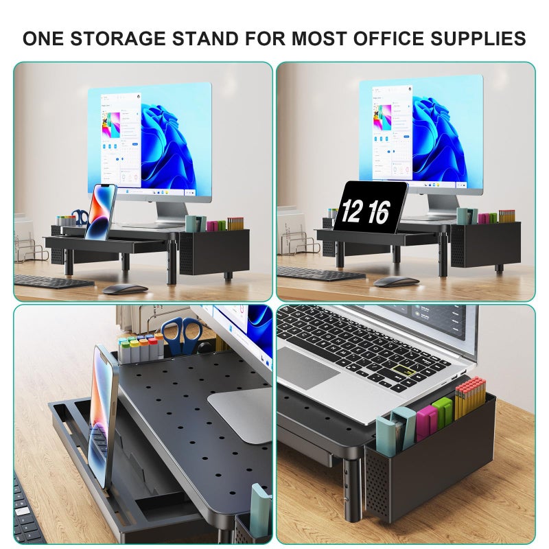 WALI Computer Monitor Stand with Storage, Desk Organizer with Drawer and Pen Holder, Desk Monitor Riser 3 Height Adjustable, Laptop Riser for Computer, Laptop, Printer(PTT003-B), 1 Pack, Black - Image 3