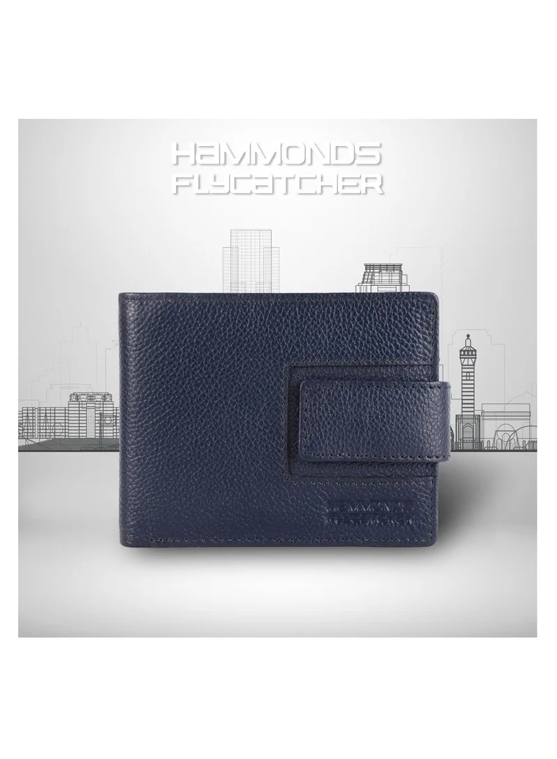  هاموندز فلاي كاتشر محفظة جلدية للرجال، محفظة جلدية محمية بتقنية RFID للرجال، محفظة نقود للرجال، 6 فتحات للبطاقات، فتحة واحدة لبطاقة الهوية، جيب للعملات المعدنية، جيوب مخفية، زر معدني - أزرق بروسي | Z18B