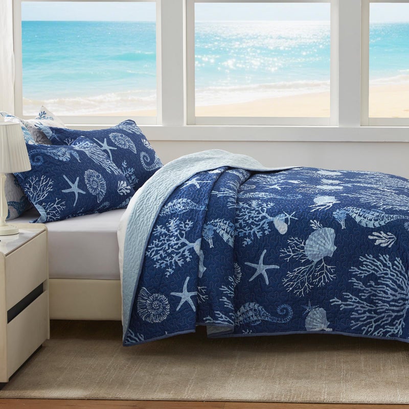 LEAONME Coastal Quilt Set King Size - Lightweight Microfiber Reversible Bedspread, 98''x106'', Navy, Includes 2 Shams - Image 3
