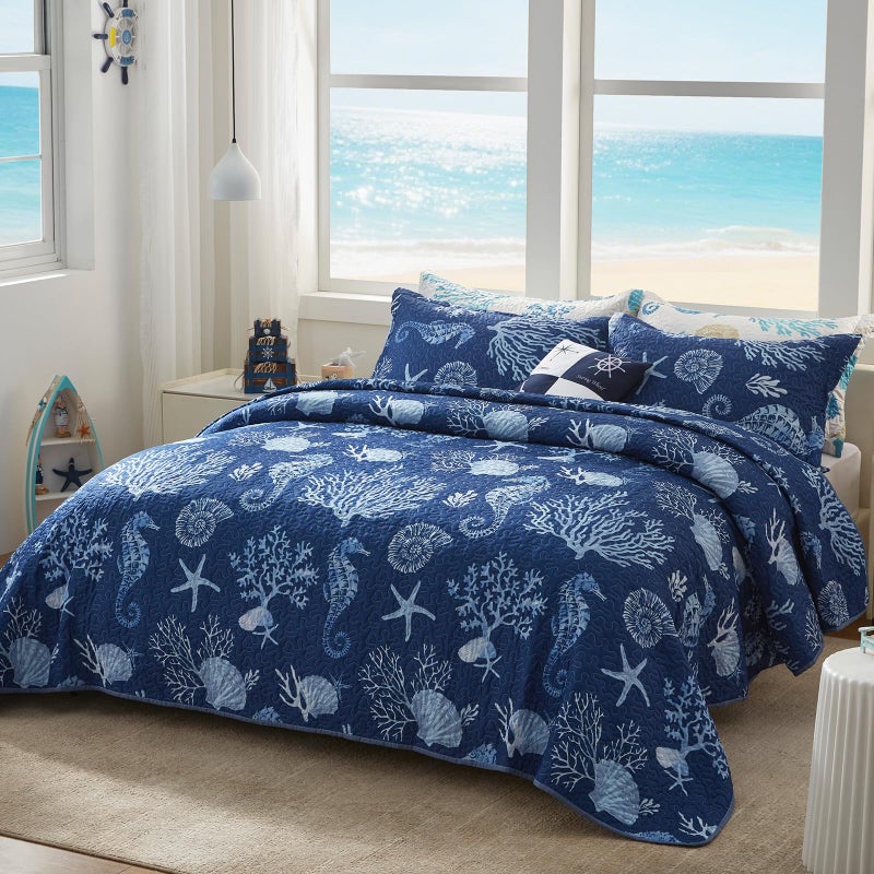 LEAONME Coastal Quilt Set King Size - Lightweight Microfiber Reversible Bedspread, 98''x106'', Navy, Includes 2 Shams - Image 2