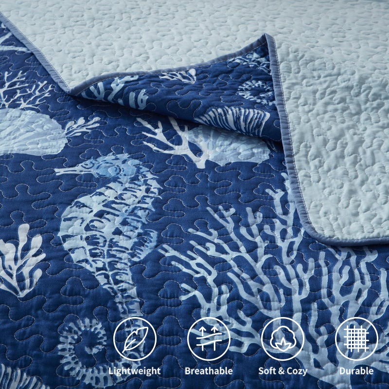 LEAONME Coastal Quilt Set King Size - Lightweight Microfiber Reversible Bedspread, 98''x106'', Navy, Includes 2 Shams - Image 5