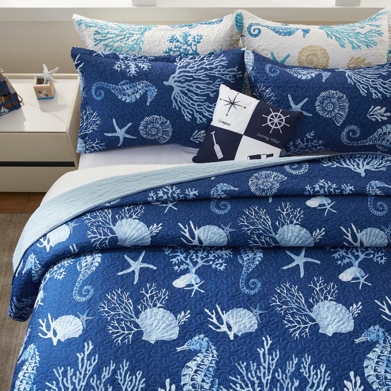 LEAONME Coastal Quilt Set King Size - Lightweight Microfiber Reversible Bedspread, 98''x106'', Navy, Includes 2 Shams - Image 4