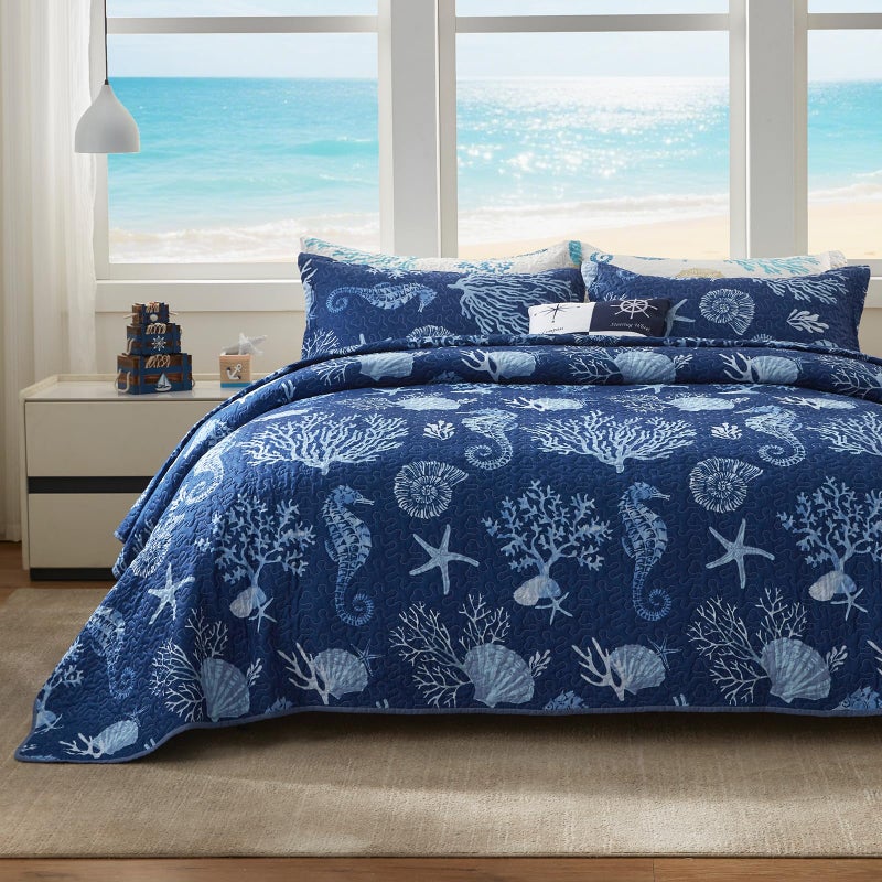 LEAONME Coastal Quilt Set King Size - Lightweight Microfiber Reversible Bedspread, 98''x106'', Navy, Includes 2 Shams - Image 1