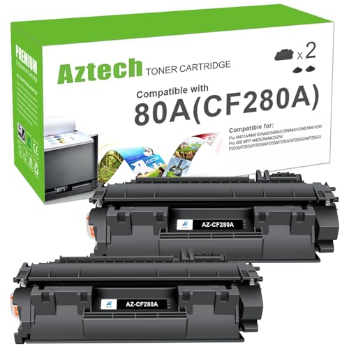 Aztech CF280A 80A Toner Cartridge Black M401dn Compatible for HP 80A CF280X 80X CF280A for HP LaserJet Pro 400 M401n M401dn MFP M425dn M401dne M401dw M425dw M401 M425 Printer Ink (2-Pack) - Image 1