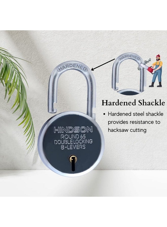 HINDSON India Round 65Mm Lock | Metal Body | Double Locking | 8 Steel Lever | 3 Silver Keys with Keychain | Silver Finsih | Pack of 2 | Made in India, Keypad - Image 4