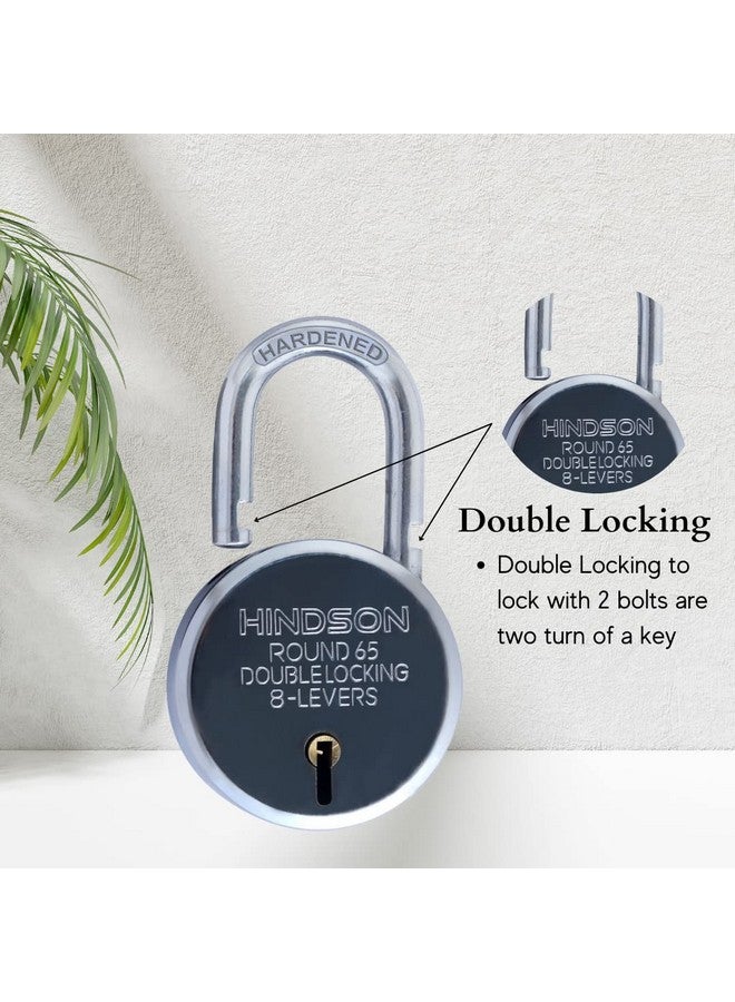 HINDSON India Round 65Mm Lock | Metal Body | Double Locking | 8 Steel Lever | 3 Silver Keys with Keychain | Silver Finsih | Pack of 2 | Made in India, Keypad - Image 3