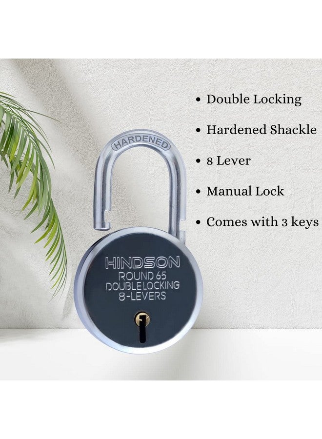 HINDSON India Round 65Mm Lock | Metal Body | Double Locking | 8 Steel Lever | 3 Silver Keys with Keychain | Silver Finsih | Pack of 2 | Made in India, Keypad - Image 2