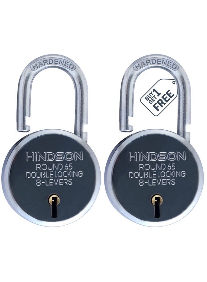 HINDSON India Round 65Mm Lock | Metal Body | Double Locking | 8 Steel Lever | 3 Silver Keys with Keychain | Silver Finsih | Pack of 2 | Made in India, Keypad - Image 1