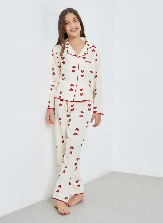 Take Two Teen Girls Heart Print Shirt and Pyjama Set