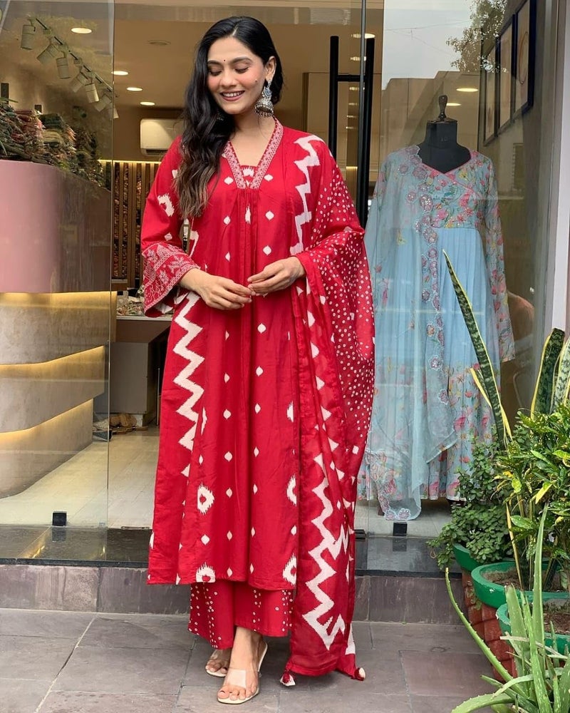 LookMark Women's Cotton Blend Zigzag and Dotted Print Kurta Plazzo Set with Dupatta Suitable for Every Indian Occasion (AZ-LM-OG-KS2174 RED-XL) - Image 3