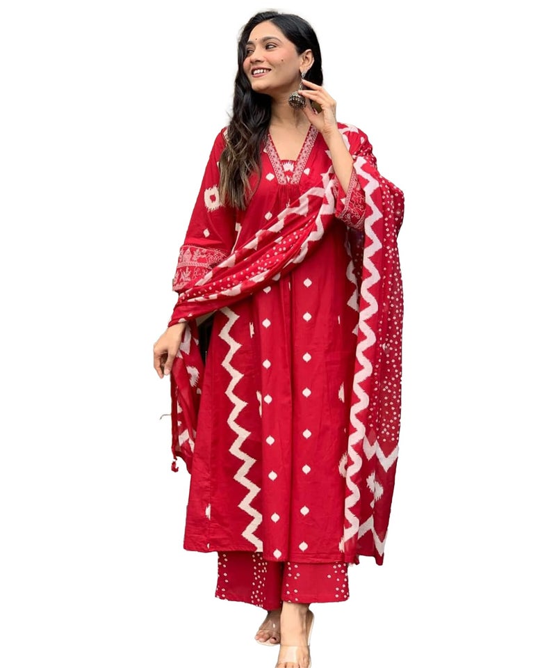 LookMark Women's Cotton Blend Zigzag and Dotted Print Kurta Plazzo Set with Dupatta Suitable for Every Indian Occasion (AZ-LM-OG-KS2174 RED-XL) - Image 4