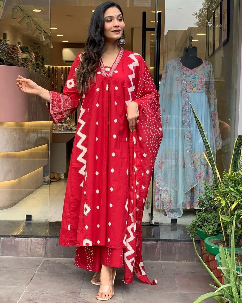 LookMark Women's Cotton Blend Zigzag and Dotted Print Kurta Plazzo Set with Dupatta Suitable for Every Indian Occasion (AZ-LM-OG-KS2174 RED-XL) - Image 2